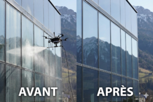 Nettoyage de vitrage de bureaux par drone