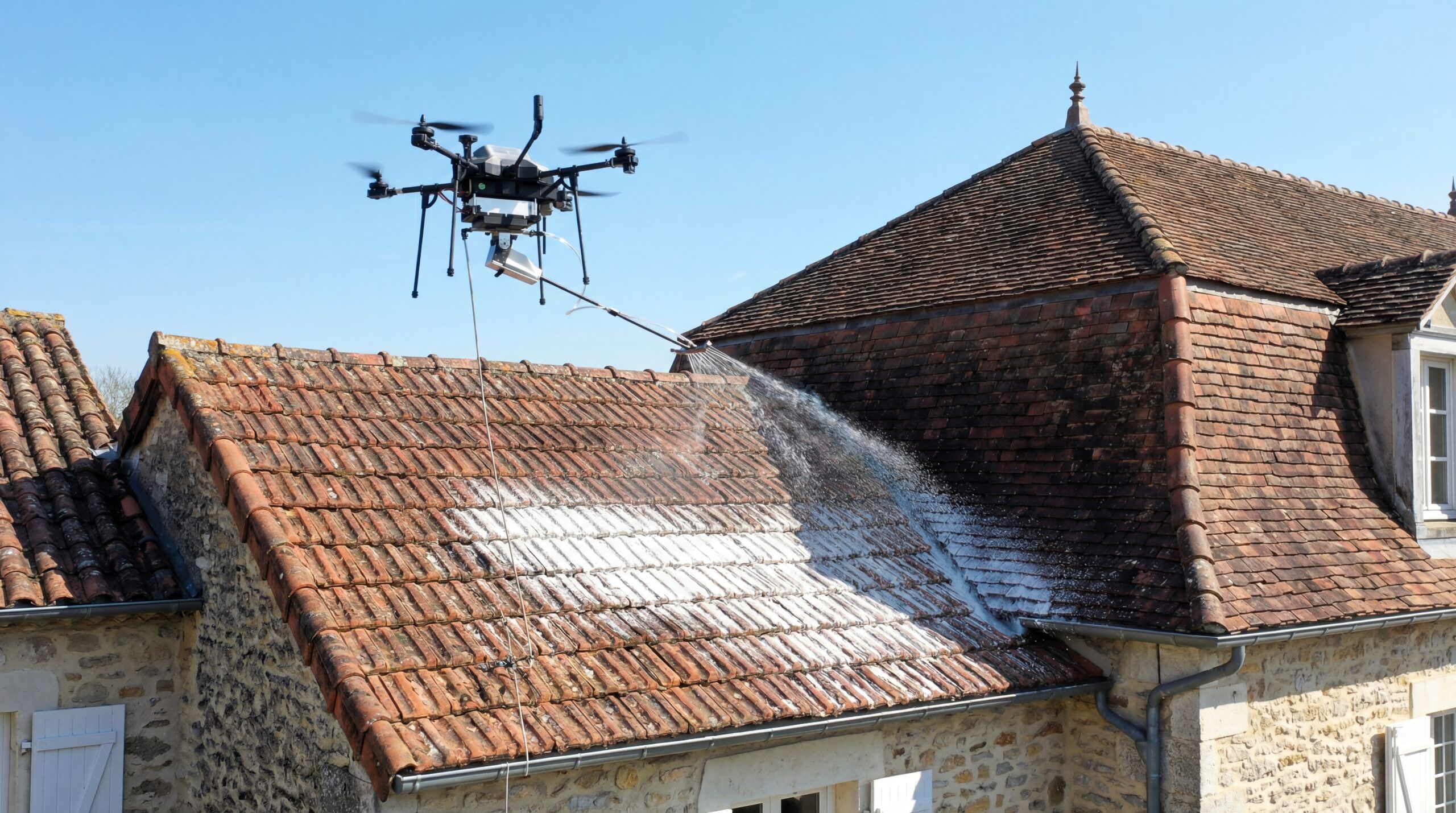 Démoussage et nettoyage de toiture par drone
