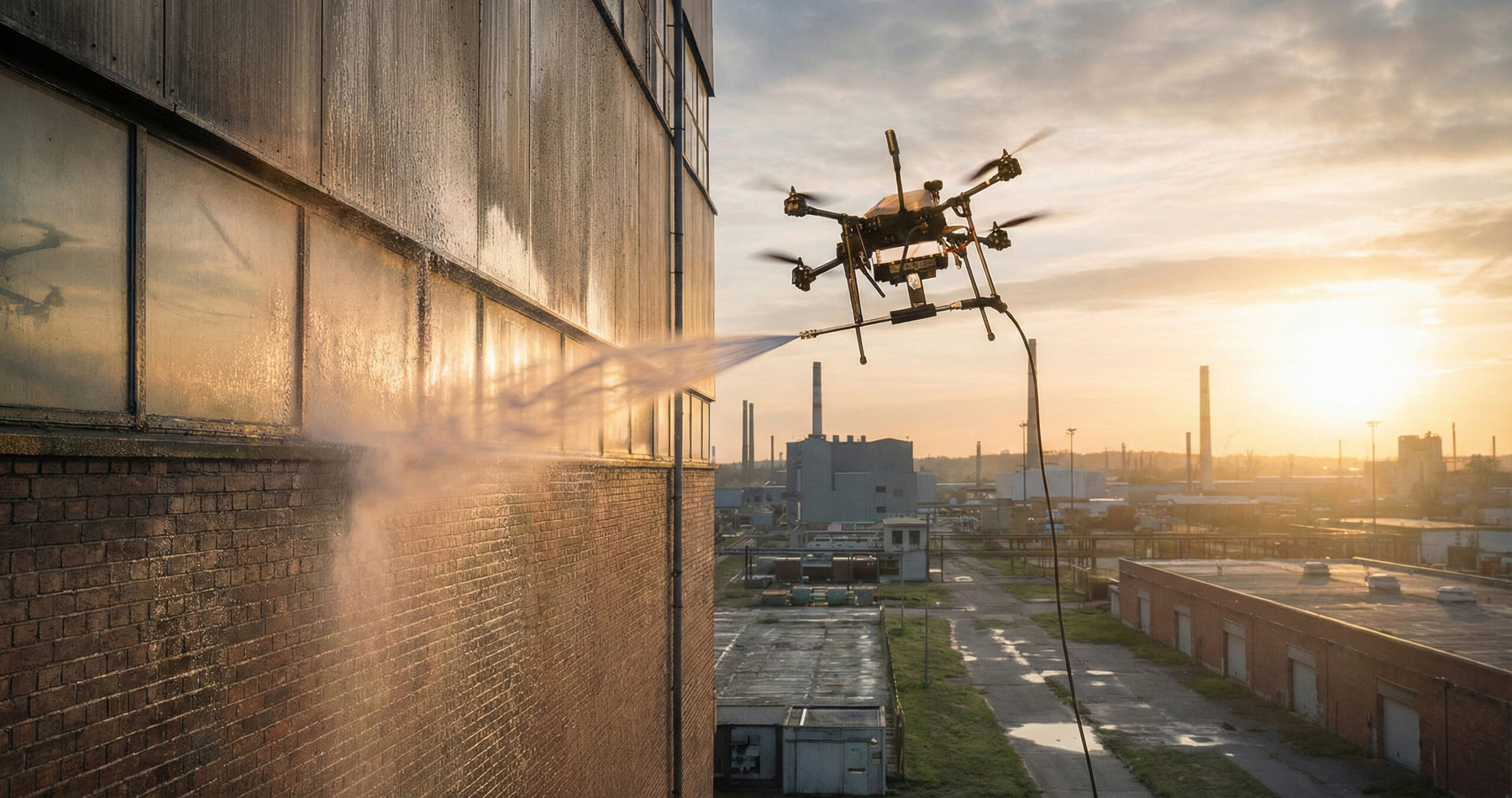 Drone industriel pulvérisant un produit nettoyant à haute pression sur la façade en briques rouges d'une usine, situé dans une rue pavée